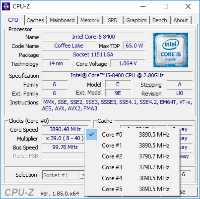 Intel Core i5-8400 под нагрузкой работал с максимальными тактовыми частотами